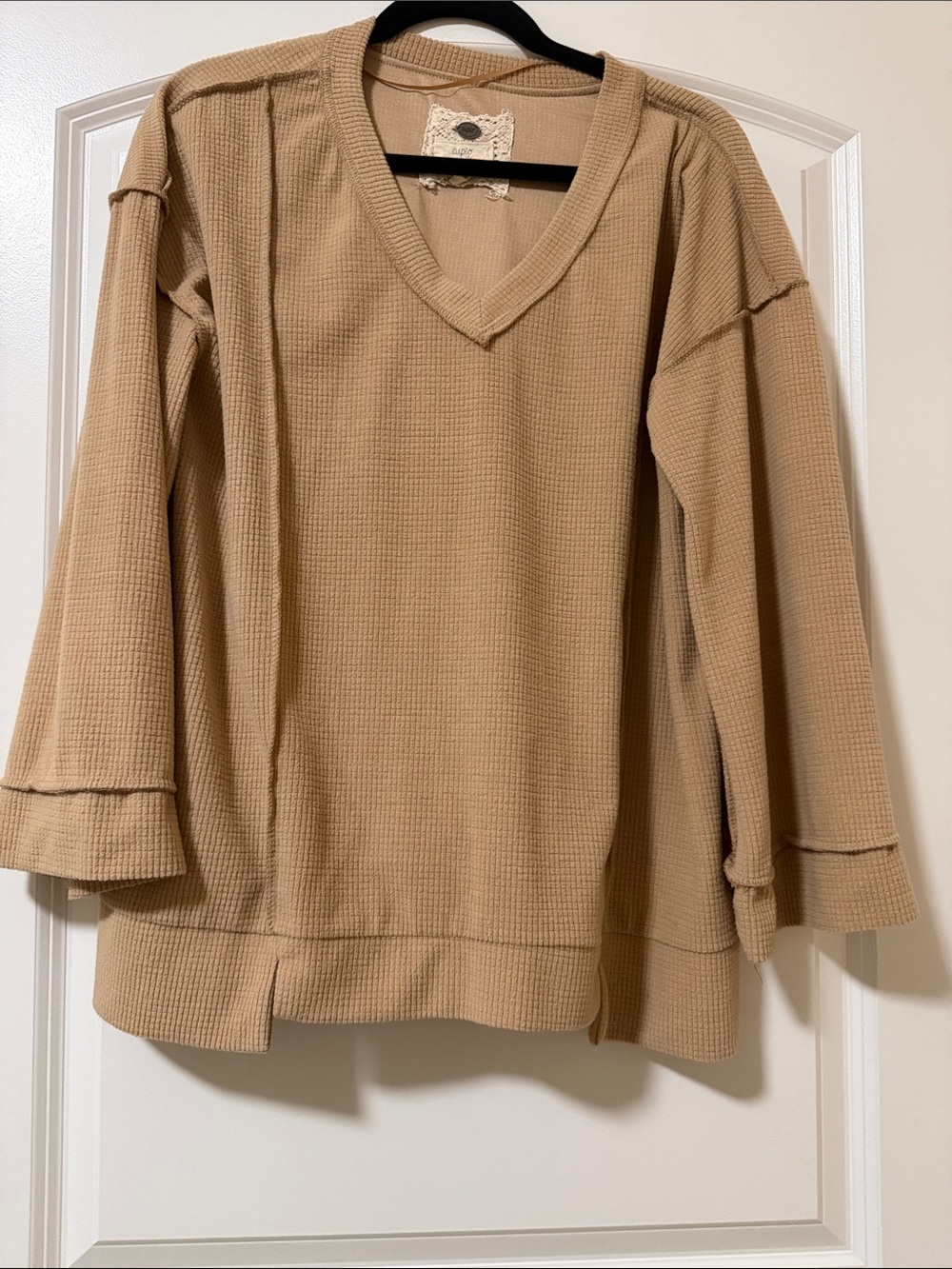 Cupio Waffle Knit V-Neck Tunic - Tan